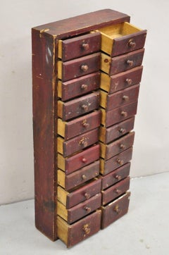Antique Primitive Rustic Red Distress Paint Narrow Watchmakers Cabinet 22 Drawer