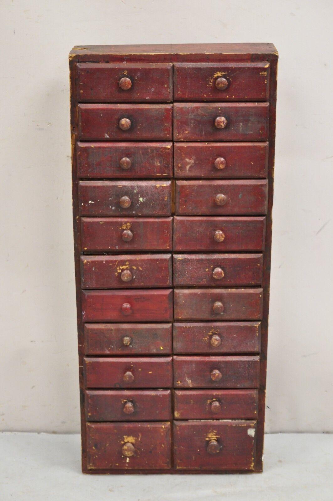 Antique Primitive Rustic Red Distress Paint Narrow Watchmakers Cabinet 22 Drawer In Good Condition In Philadelphia, PA