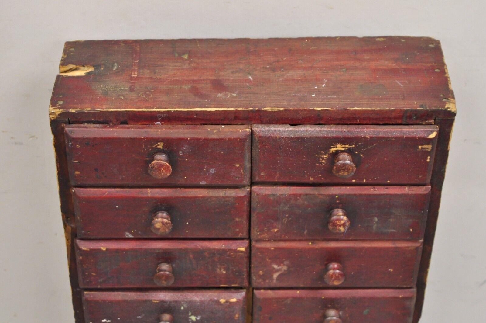 20th Century Antique Primitive Rustic Red Distress Paint Narrow Watchmakers Cabinet 22 Drawer