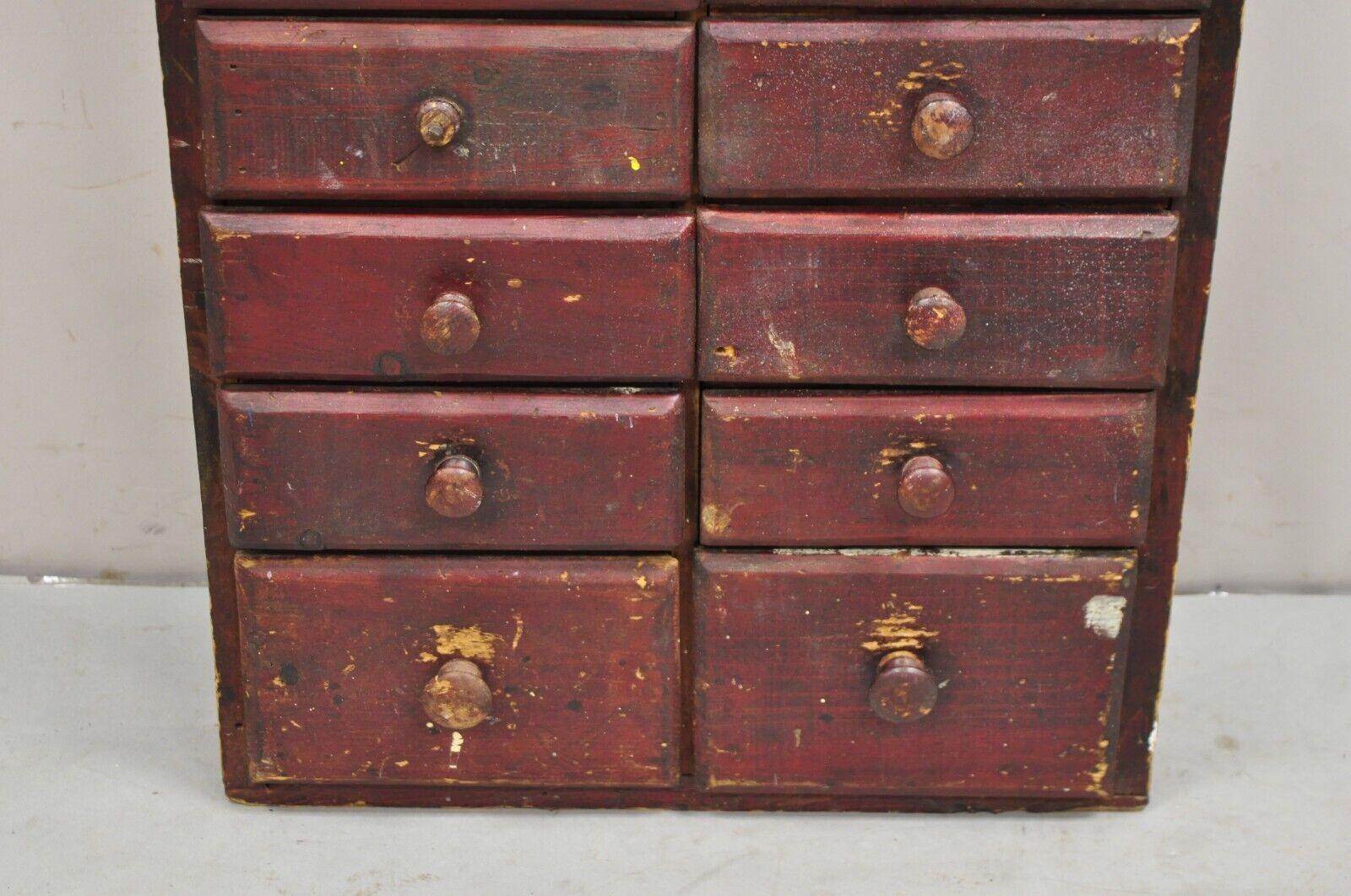 Wood Antique Primitive Rustic Red Distress Paint Narrow Watchmakers Cabinet 22 Drawer