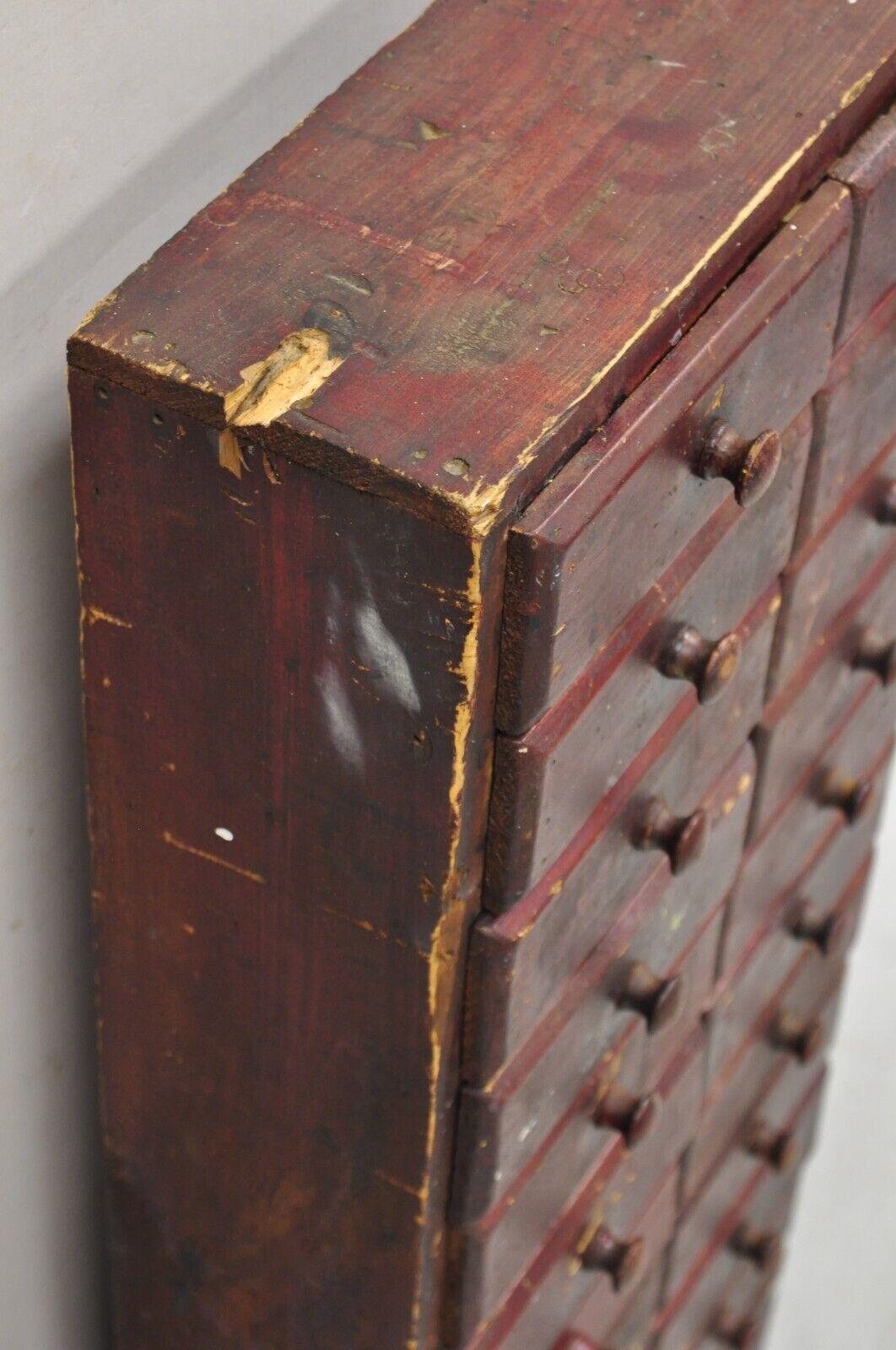 Antique Primitive Rustic Red Distress Paint Narrow Watchmakers Cabinet 22 Drawer 1