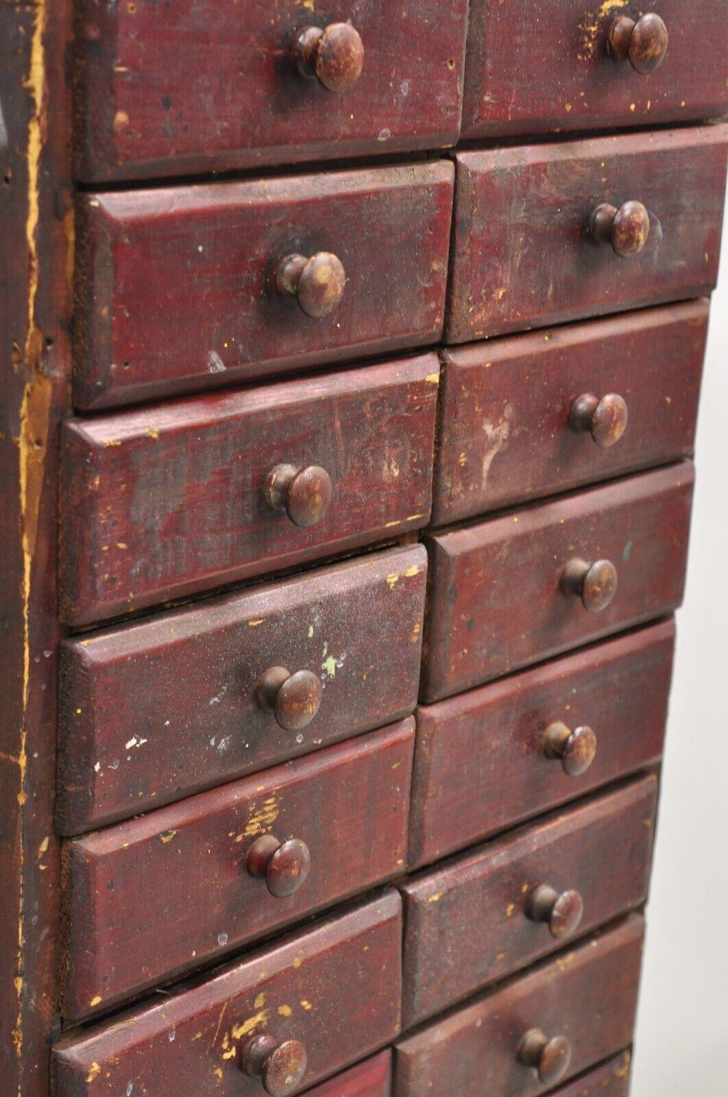 Antique Primitive Rustic Red Distress Paint Narrow Watchmakers Cabinet 22 Drawer 2