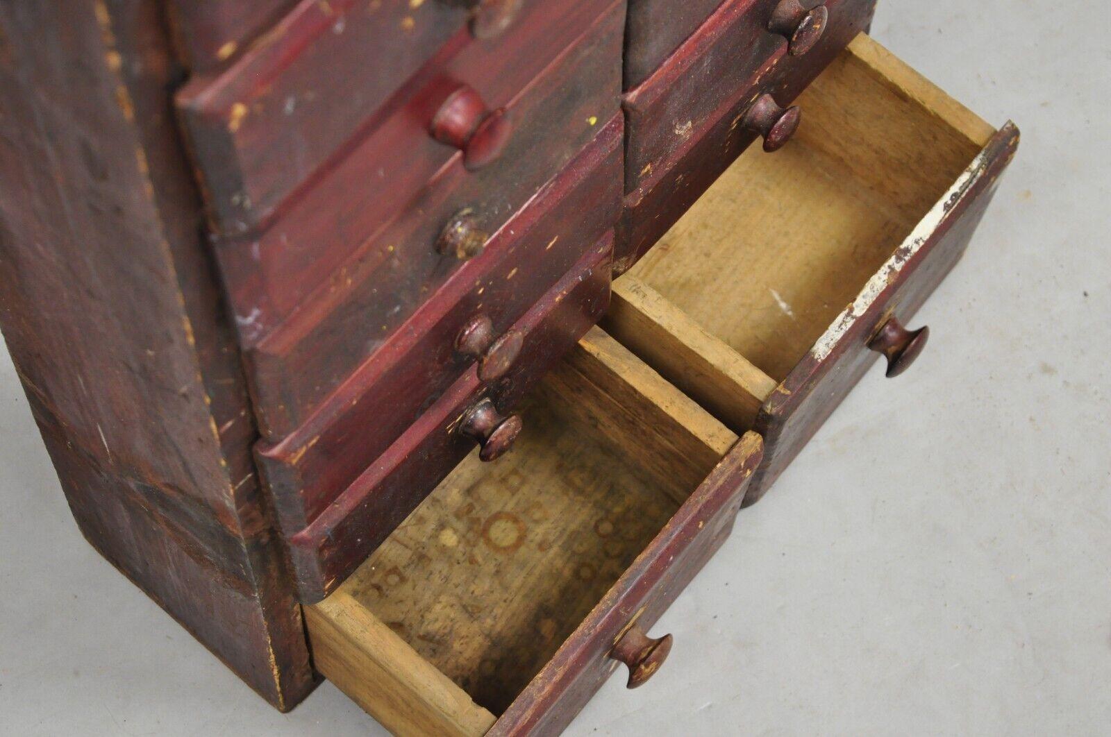 Antique Primitive Rustic Red Distress Paint Narrow Watchmakers Cabinet 22 Drawer 4