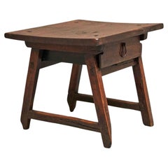 Antique Primitive Side Table with Drawer in Wood and Wrought Iron 18th Century