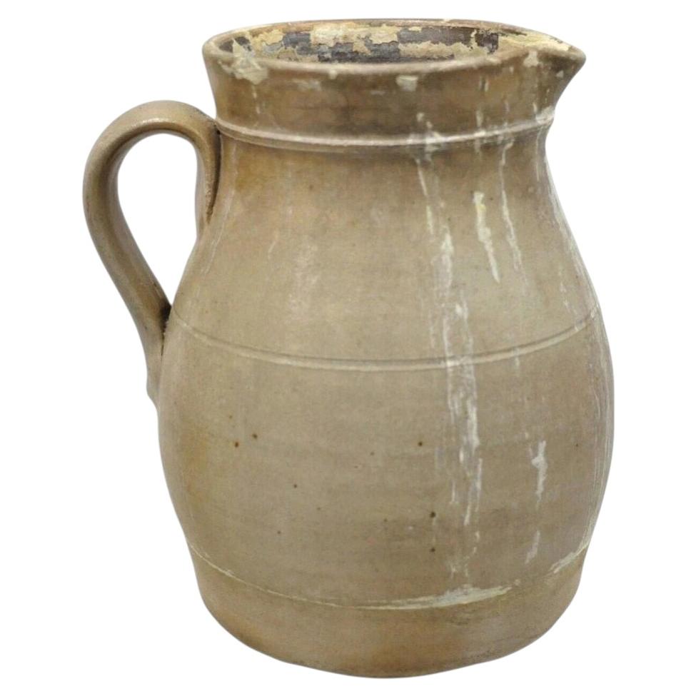 Antique Primitive Stoneware Salt Glazed 8" Bulbous Water Pitcher with Handle For Sale