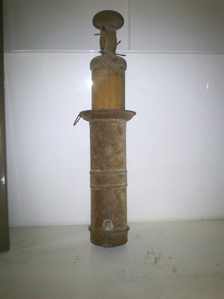 Antique Primitive Tin Tube Sausage Stuffer with Wooden Plunger For Sale