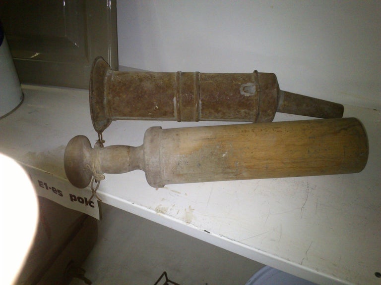Antique Primitive Tin Tube Sausage Stuffer with Wooden Plunger For Sale