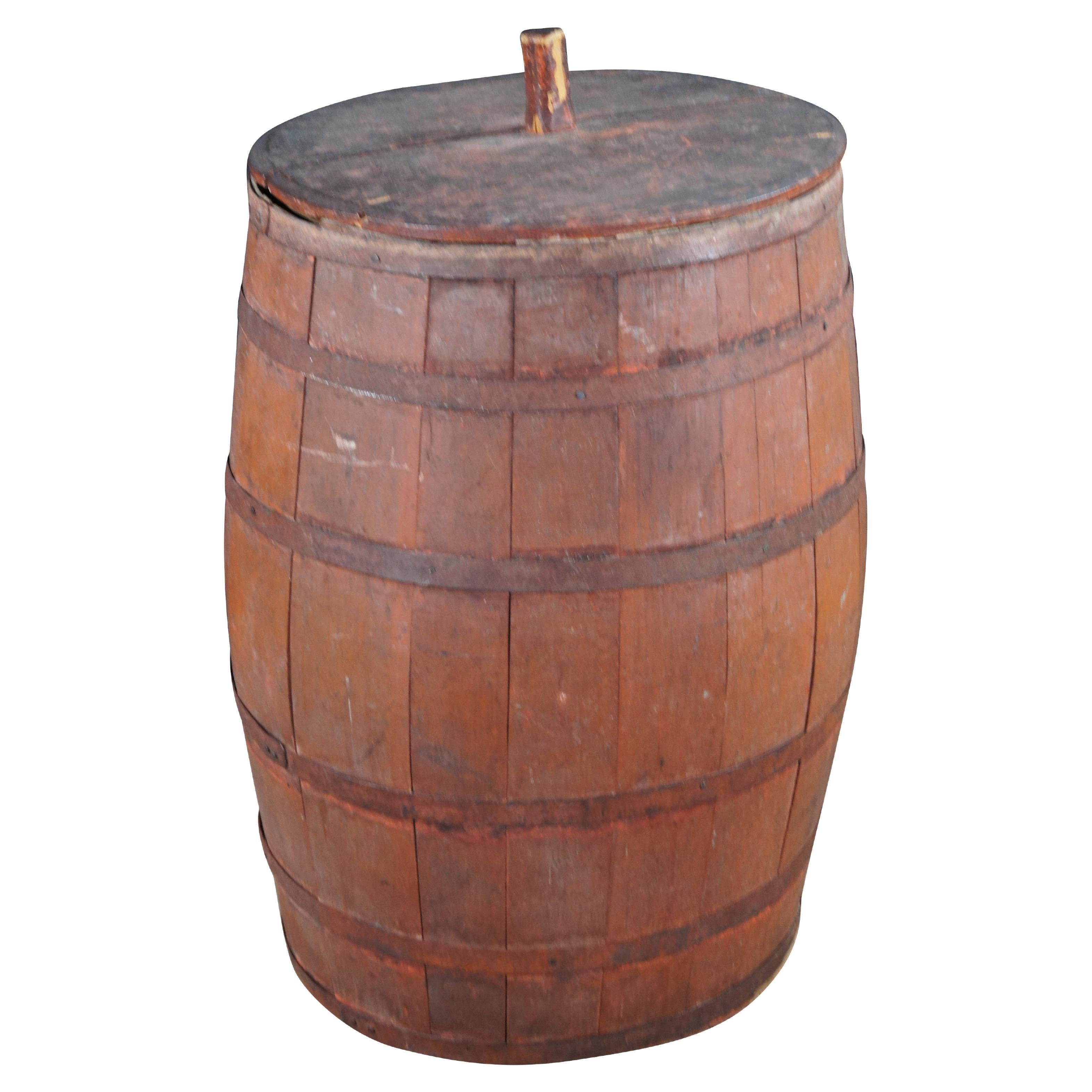 Ancienne barrique de magasin général en bois primitif avec bandes métalliques pour le café 33". en vente