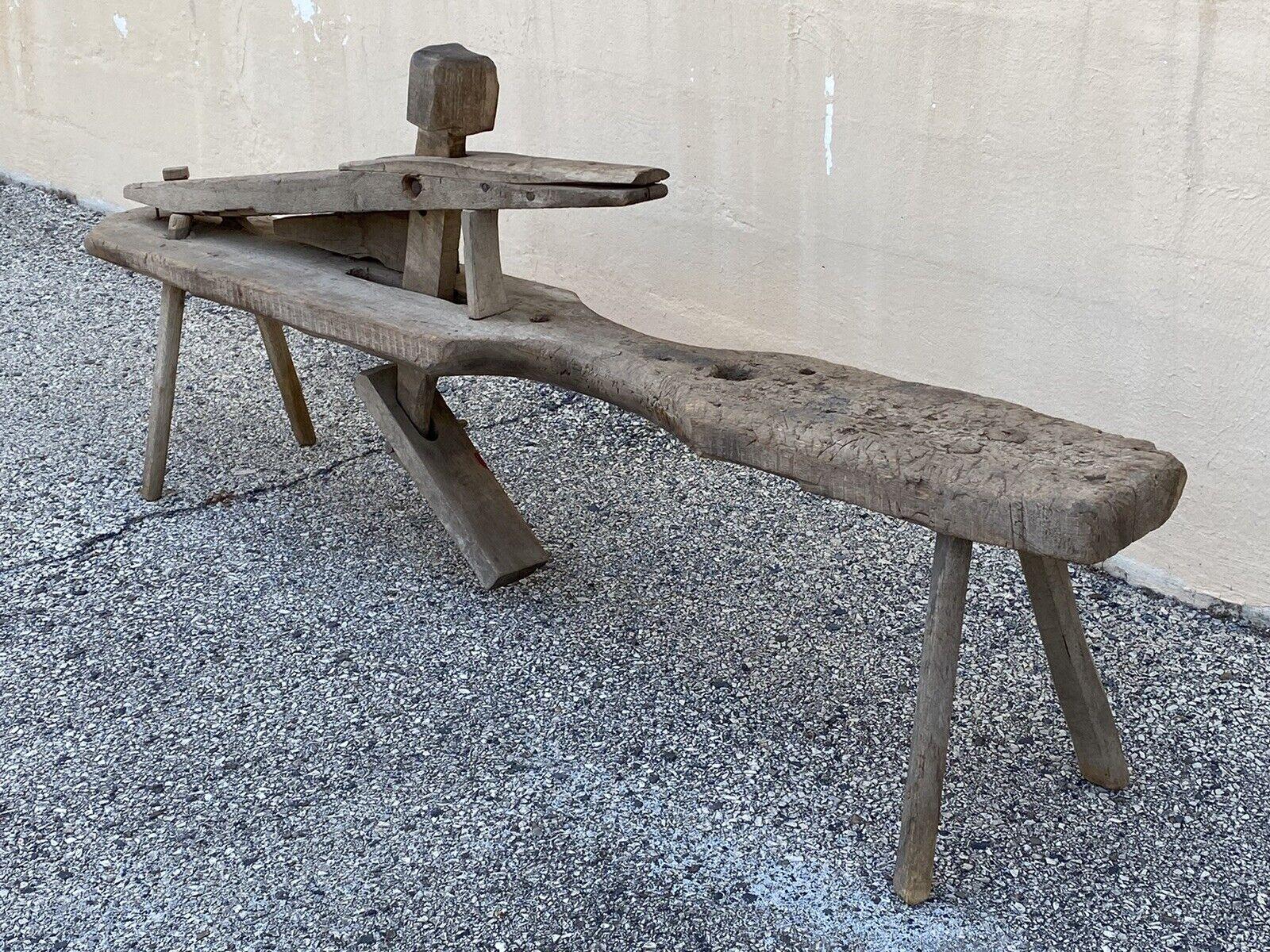 Antique Primitive wooden carpenters shaving shave horse long work bench clamp. Has not been tested for use. Circa 19th century or earlier. Measurements: 32