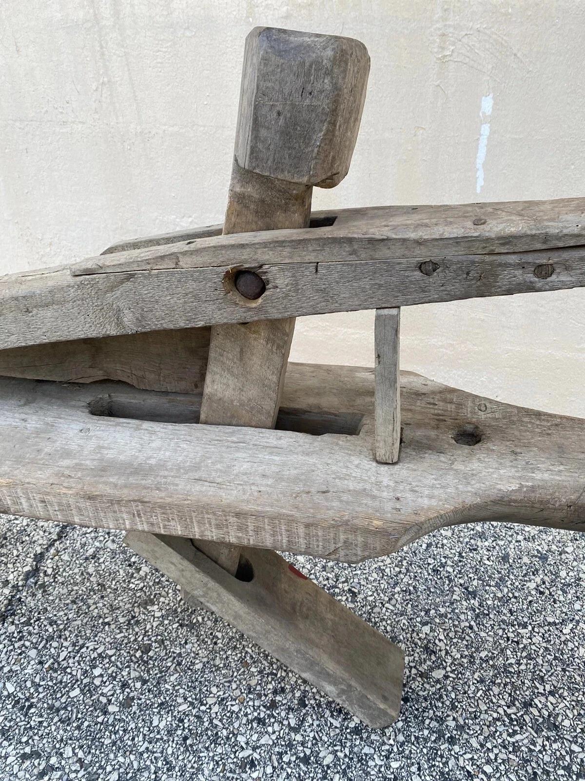 19th Century Antique Primitive Wooden Carpenters Shaving Shave Horse Long Work Bench Clamp For Sale