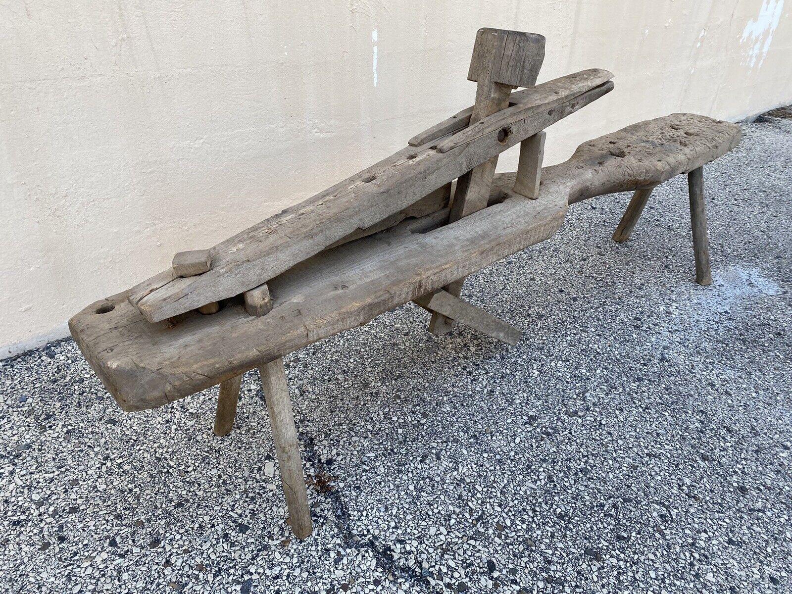 Antique Primitive Wooden Carpenters Shaving Shave Horse Long Work Bench Clamp For Sale 1