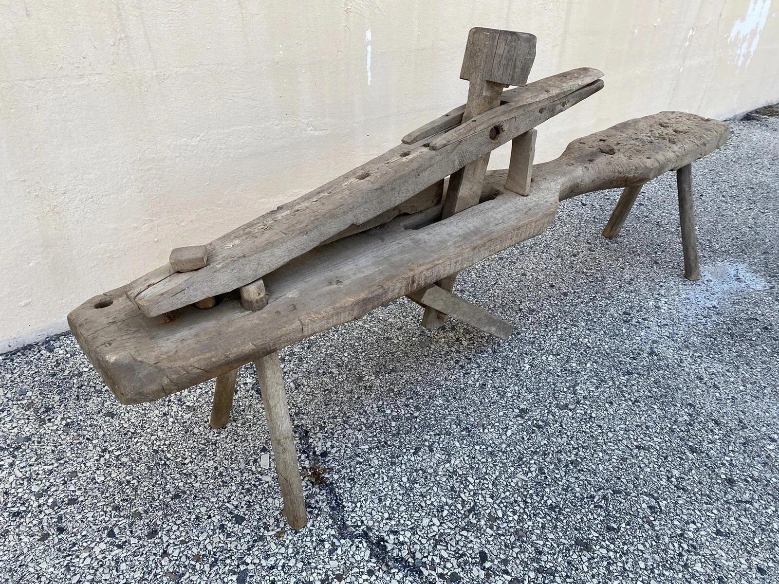 Antique Primitive Wooden Carpenters Shaving Shave Horse Long Work Bench Clamp For Sale 3
