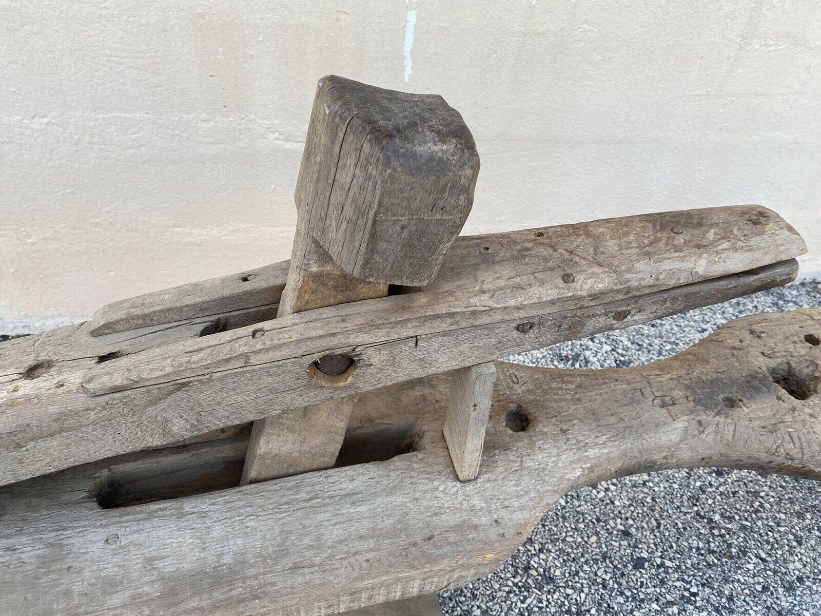 Antique Primitive Wooden Carpenters Shaving Shave Horse Long Work Bench Clamp For Sale 2
