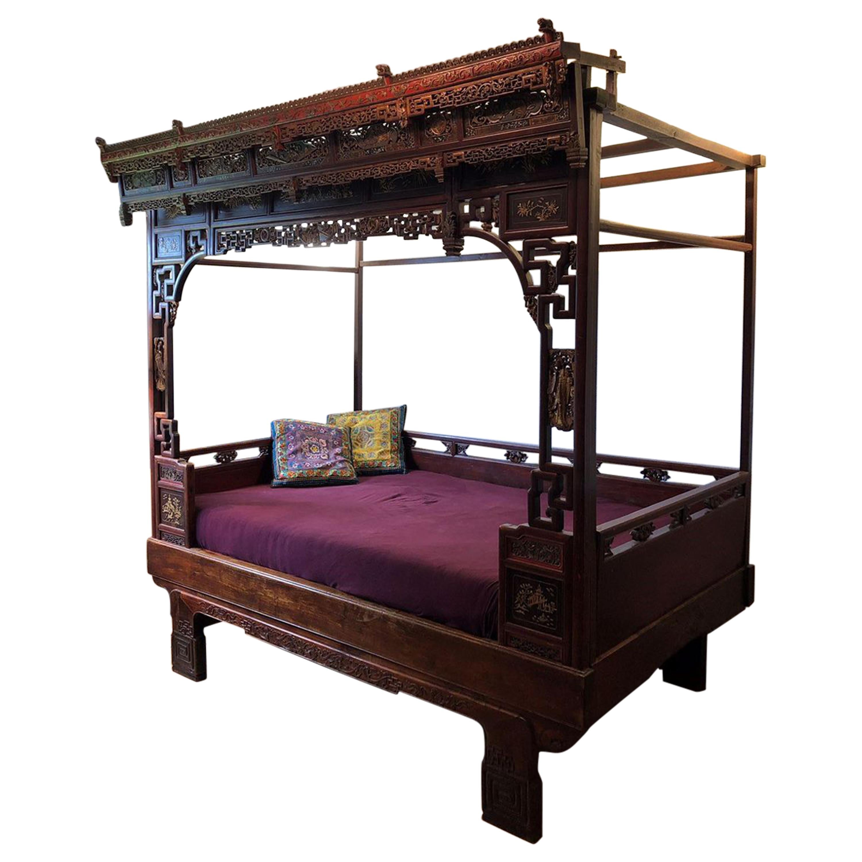 Antique Princess Large Carved Bed, China circa 1890, End of the Qing Dynasty