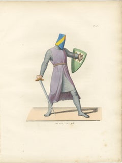 Antique Print 1845 – Medieval Knight in Chainmail, Sword and Helmet