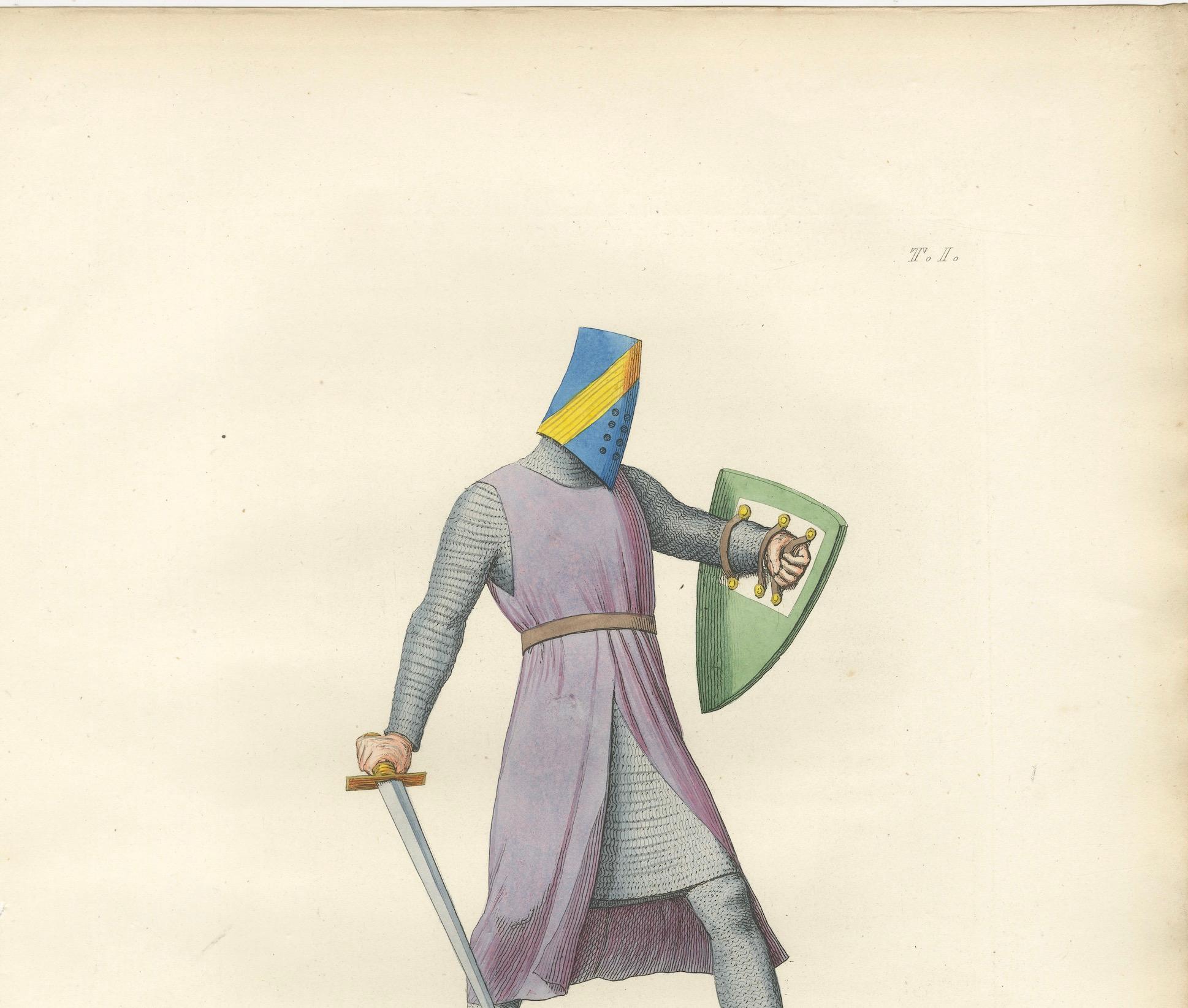 Français Gravure ancienne 1845 - Chevalier médiéval en cotte de mailles, épée et casque en vente