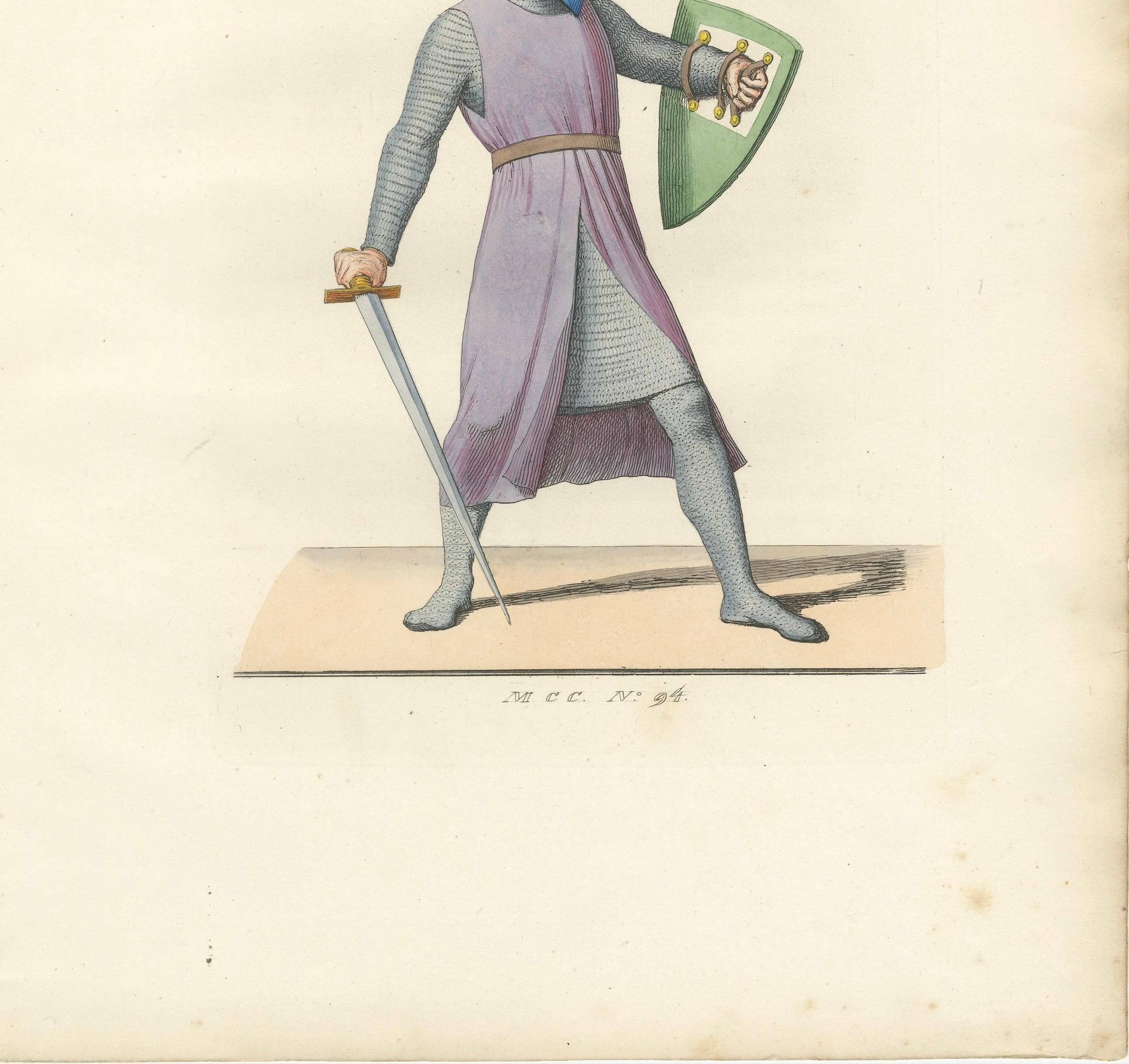 Gravé Gravure ancienne 1845 - Chevalier médiéval en cotte de mailles, épée et casque en vente