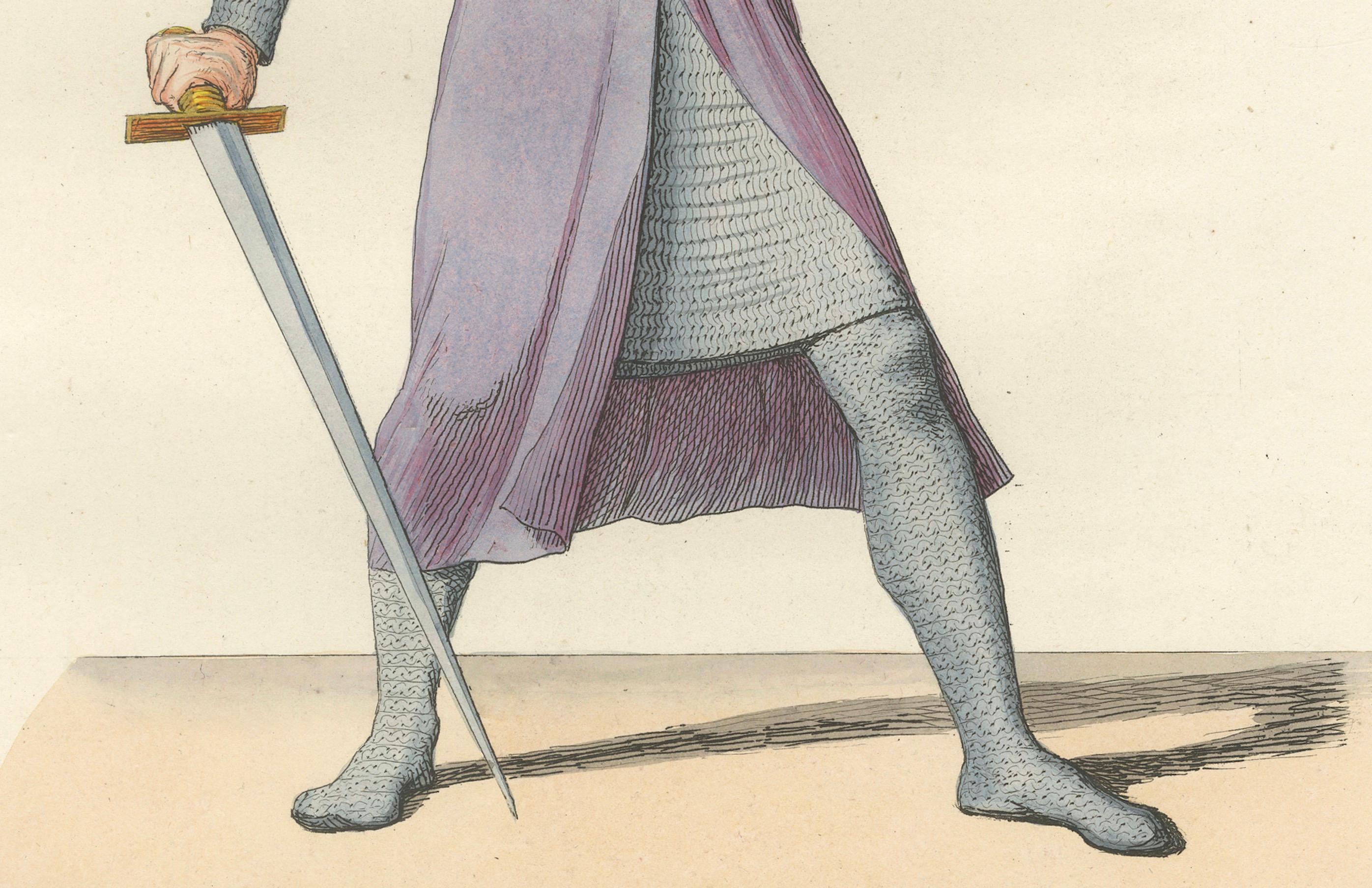 Gravure ancienne 1845 - Chevalier médiéval en cotte de mailles, épée et casque Bon état - En vente à Langweer, NL
