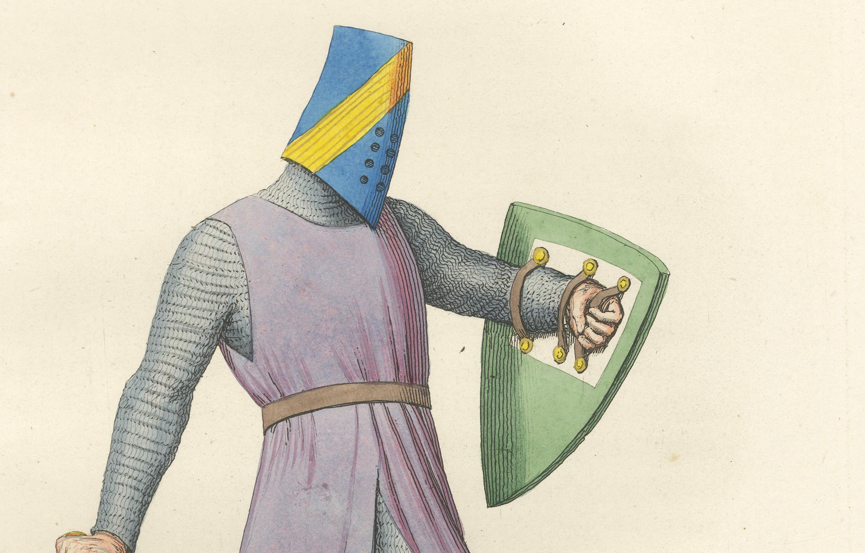 XIXe siècle Gravure ancienne 1845 - Chevalier médiéval en cotte de mailles, épée et casque en vente