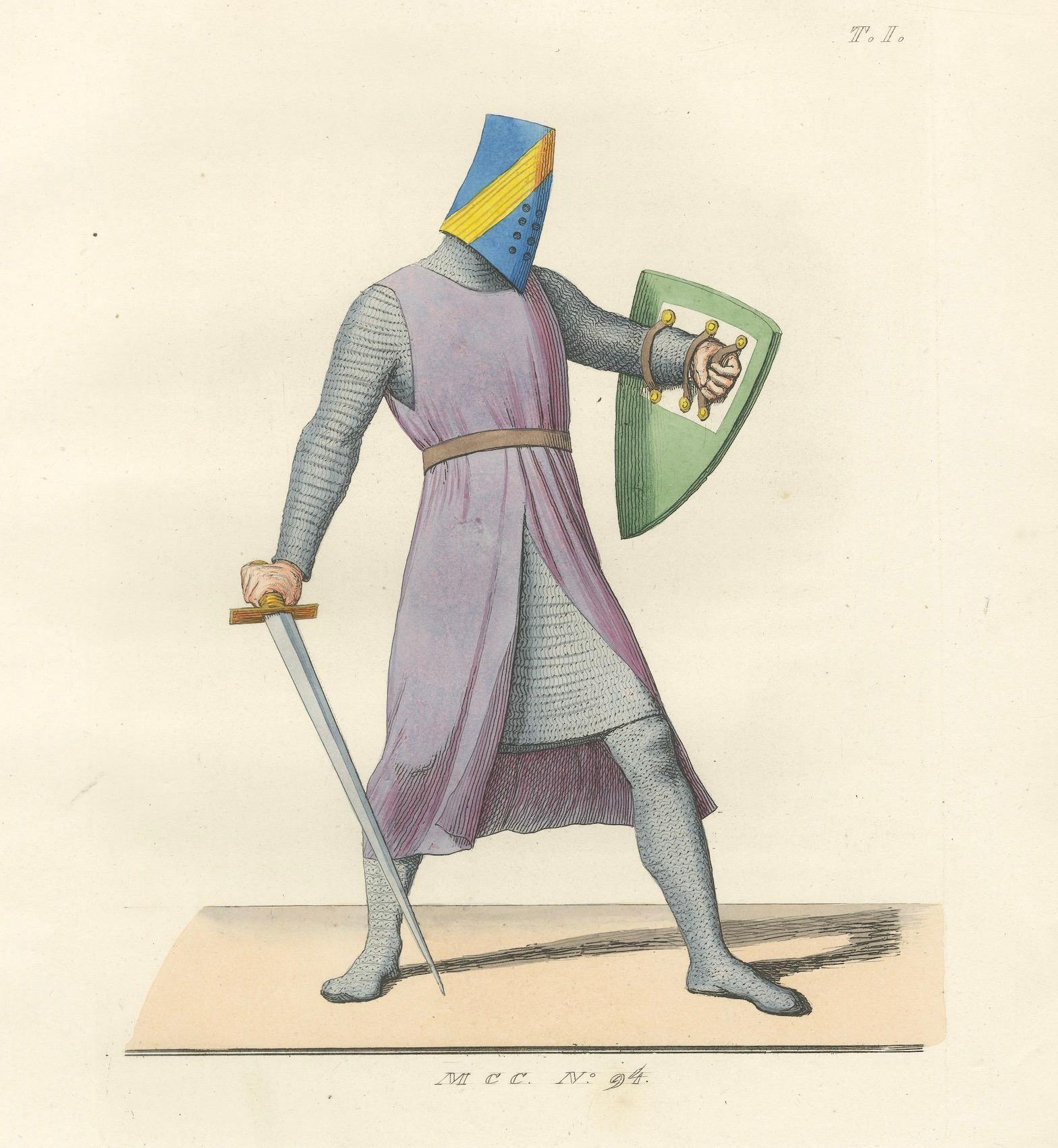 Papier Gravure ancienne 1845 - Chevalier médiéval en cotte de mailles, épée et casque en vente