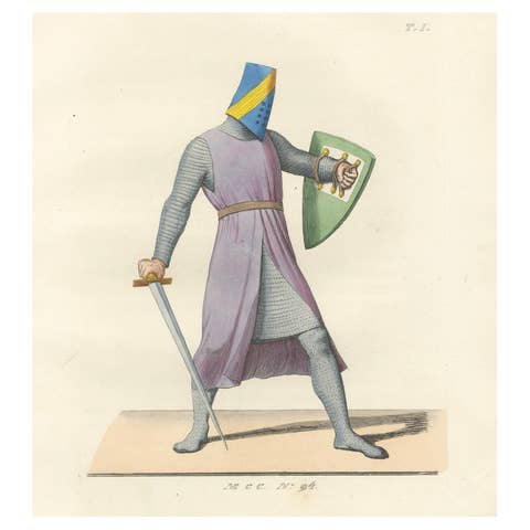 Antique Print 1845 – Medieval Knight in Chainmail, Sword and Helmet