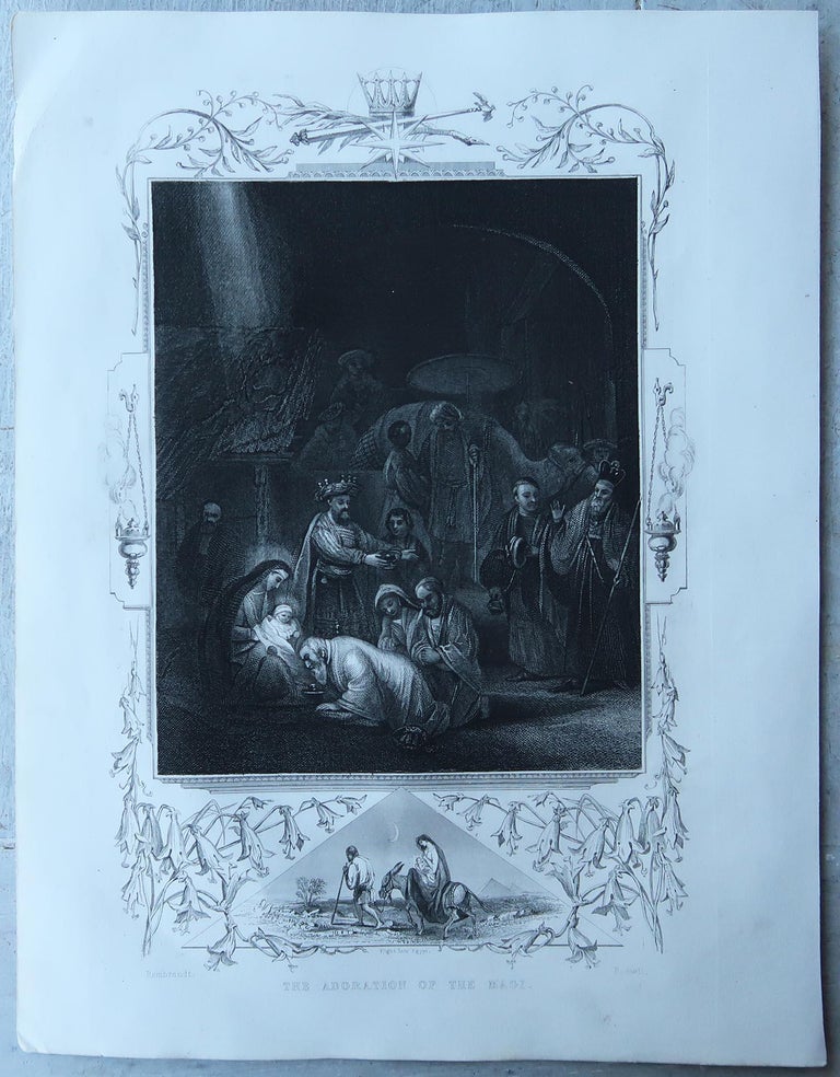 Baroque Antique Print After Rembrandt, the Adoration of the Magi, C.1850