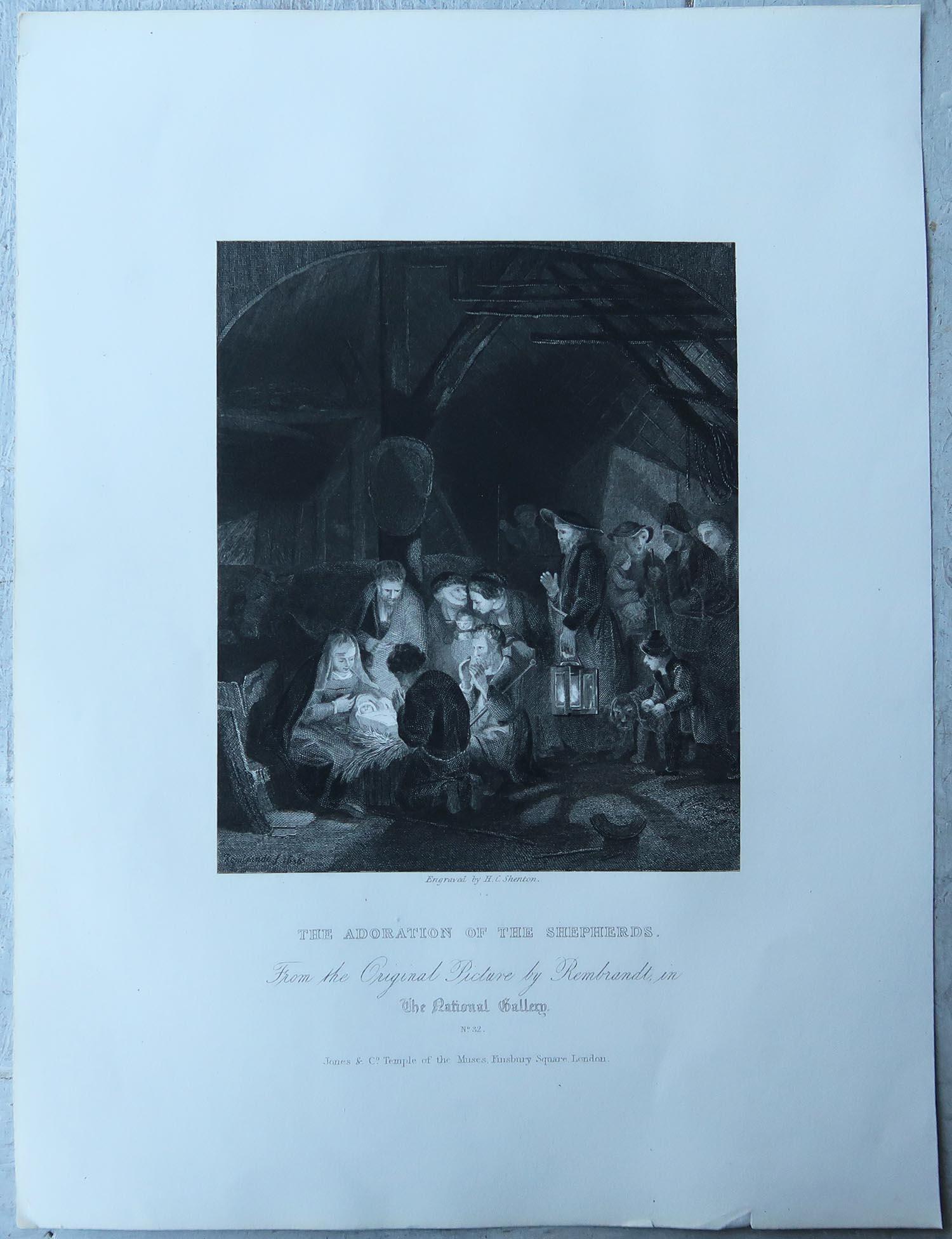 Antiker Druck nach Rembrandt, Adoration of the Shepherds, um 1850 (Barock) im Angebot