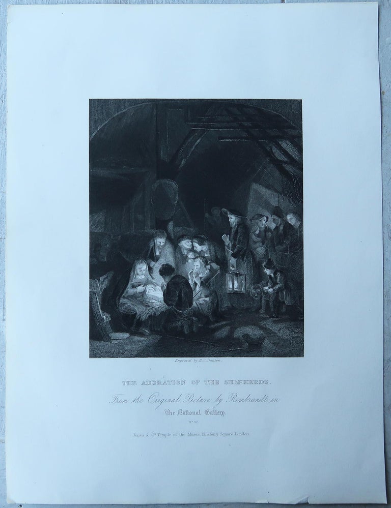 Baroque Antique Print After Rembrandt, the Adoration of the Shepherds, C.1850 For Sale