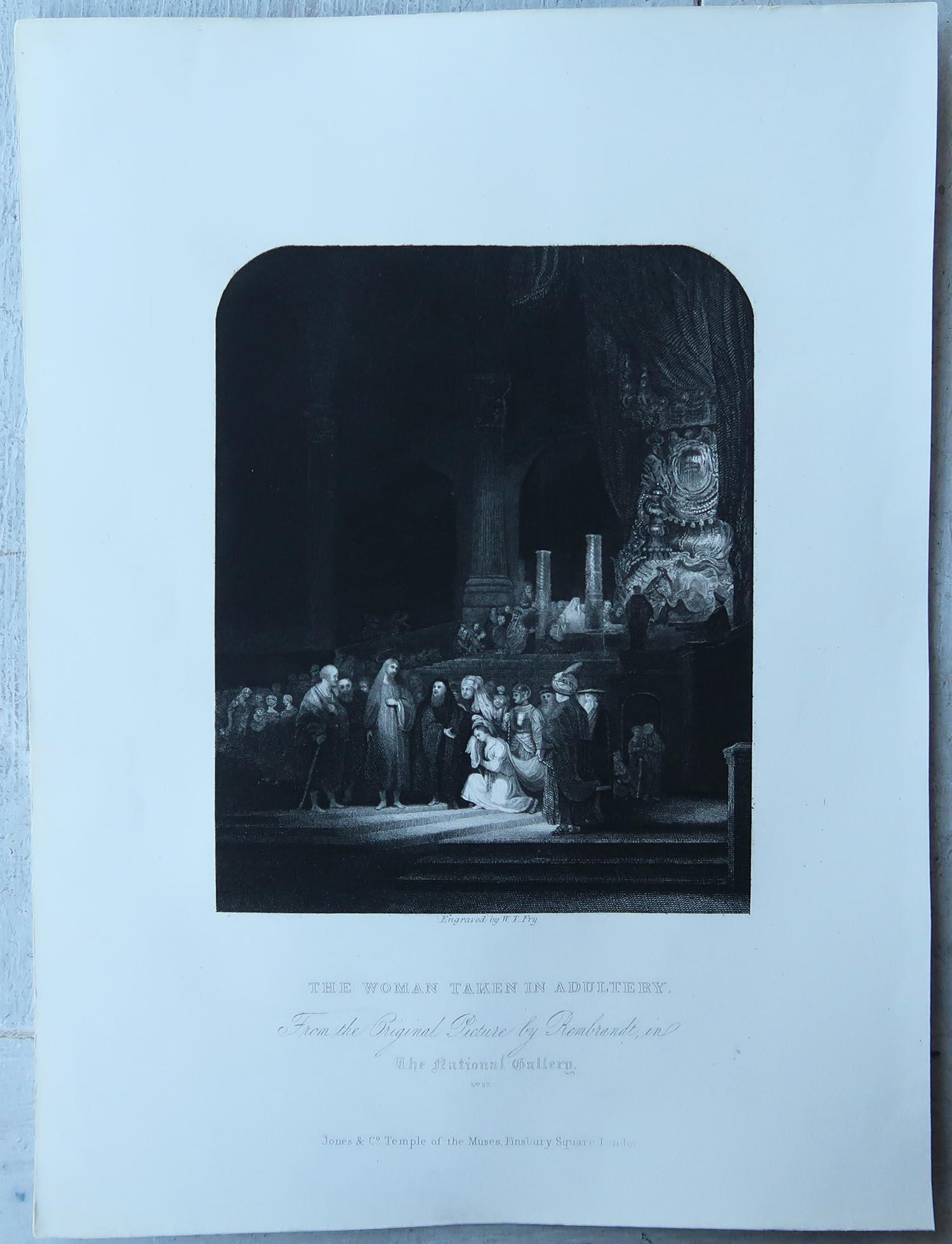 Baroque Antique Print After Rembrandt, the Woman Taken in Adultery, C.1850