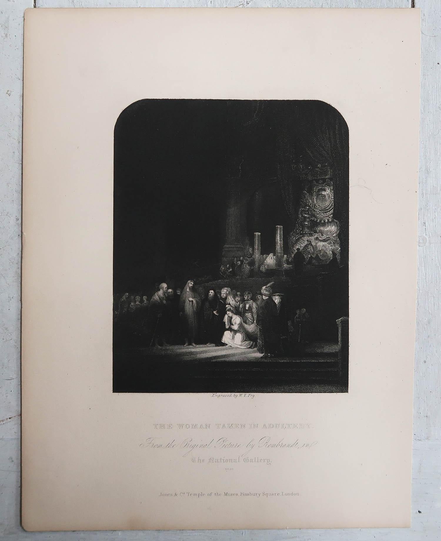 Baroque Antique Print After Rembrandt, the Woman Taken in Adultery, C.1850 For Sale