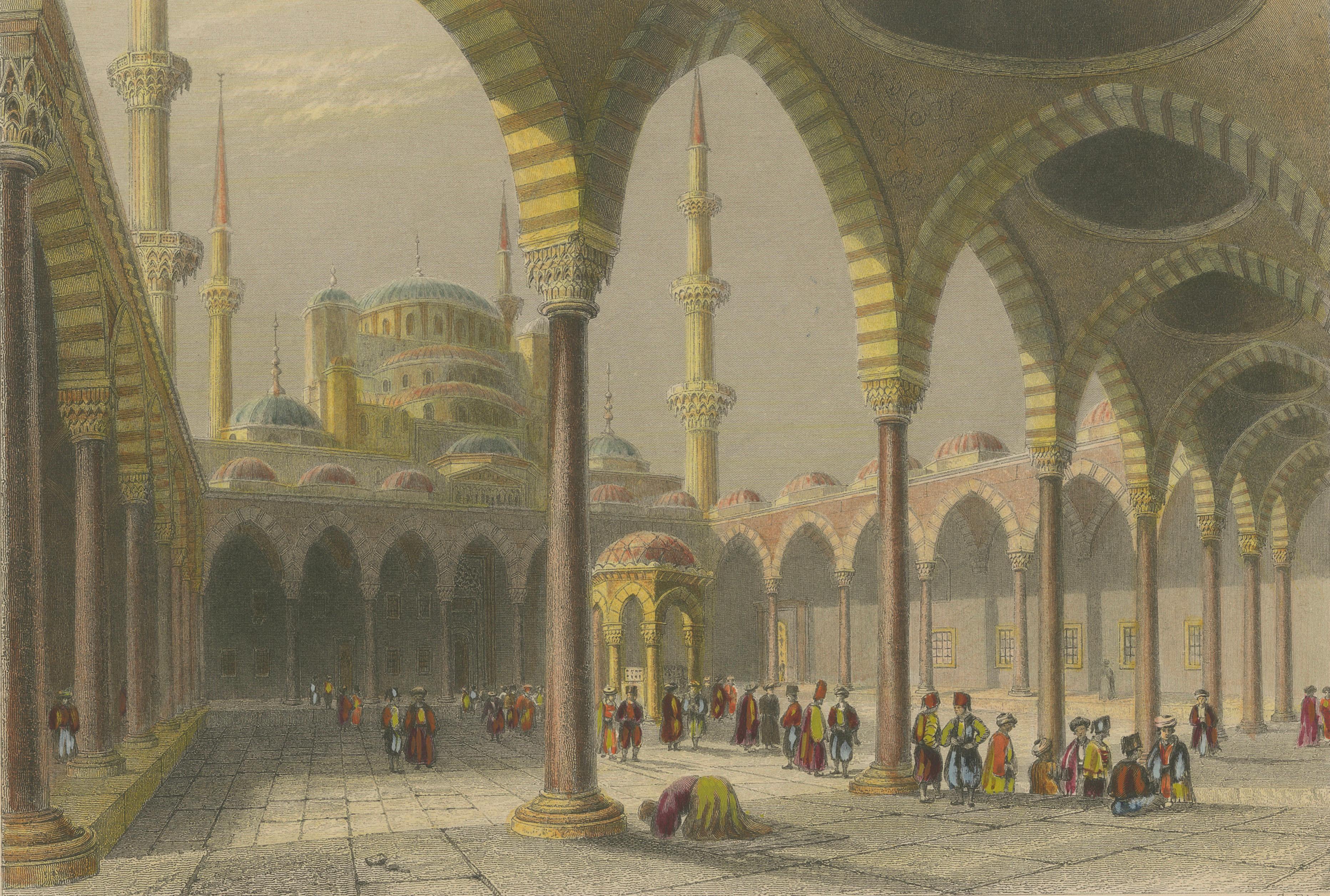 Antique Print – Blue Mosque Interior, Istanbul Ottoman Courtyard, ca. 1839