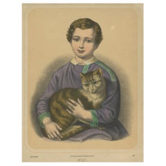 Antique Print Depicting a Boy and a Cat Entitled 'Miau', ca.1850