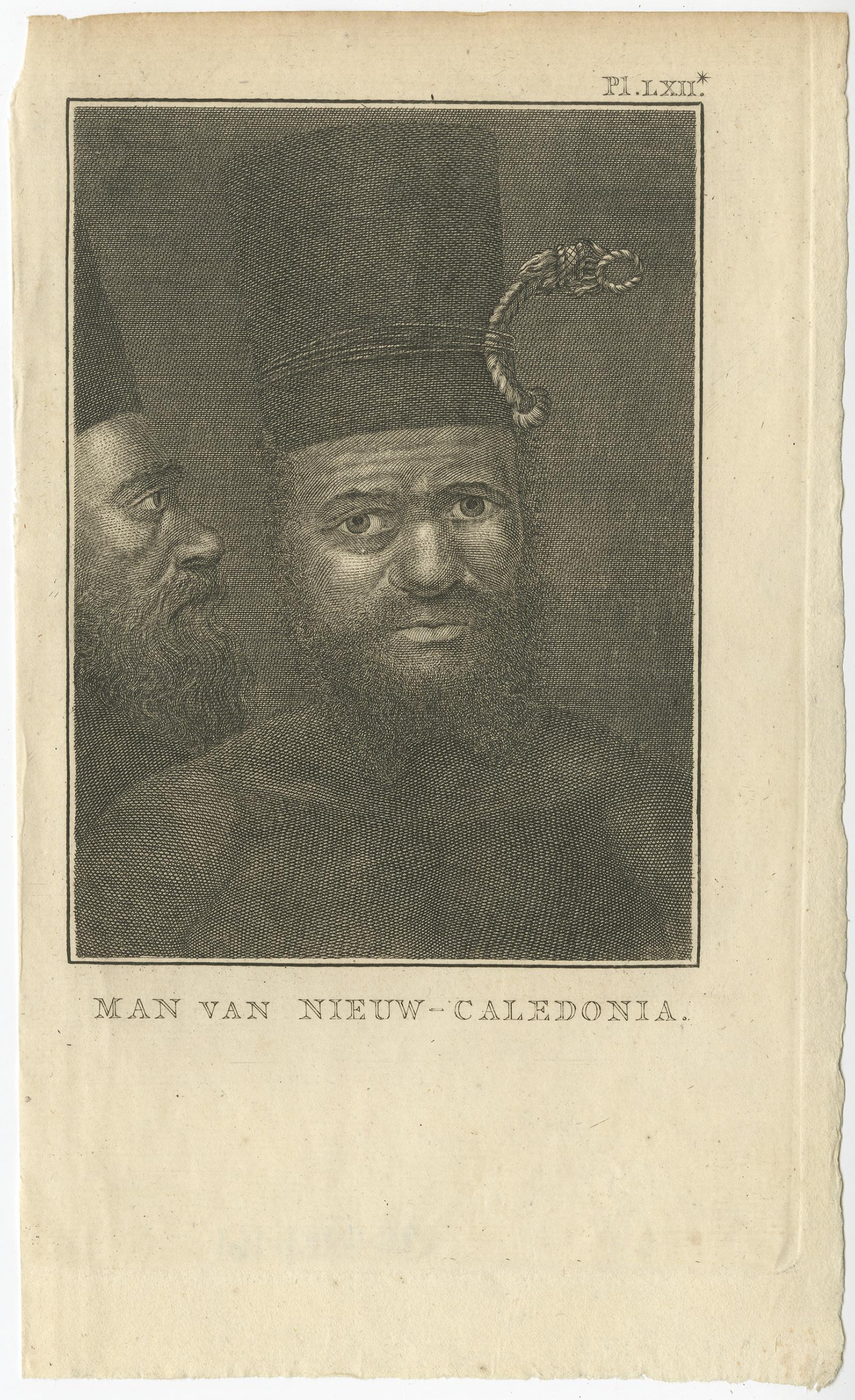 Antique print titled 'Man van Nieuw-Caledonia'. 

Antique print depicting a man of New Caledonia. Originates from 'Reizen Rondom de Waereld door James Cook (..)'. 

Artists and Engravers: Translated by J.D. Pasteur. Published by Honkoop, Allart