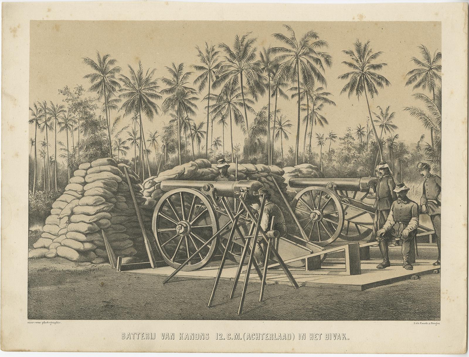 Antique print Indonesia titled 'Batterij van Kanons 12. c.m. (achterlaad) in het bivak'. 

Antique print depicting a military scene in Indonesia. Originates from 'De Oorlog tusschen Nederland en Atchin' by G.L. Klepper.

Artists and engravers: