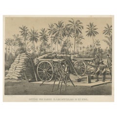 Grabado antiguo que representa una escena militar con cañones, en Indonesia, 1784