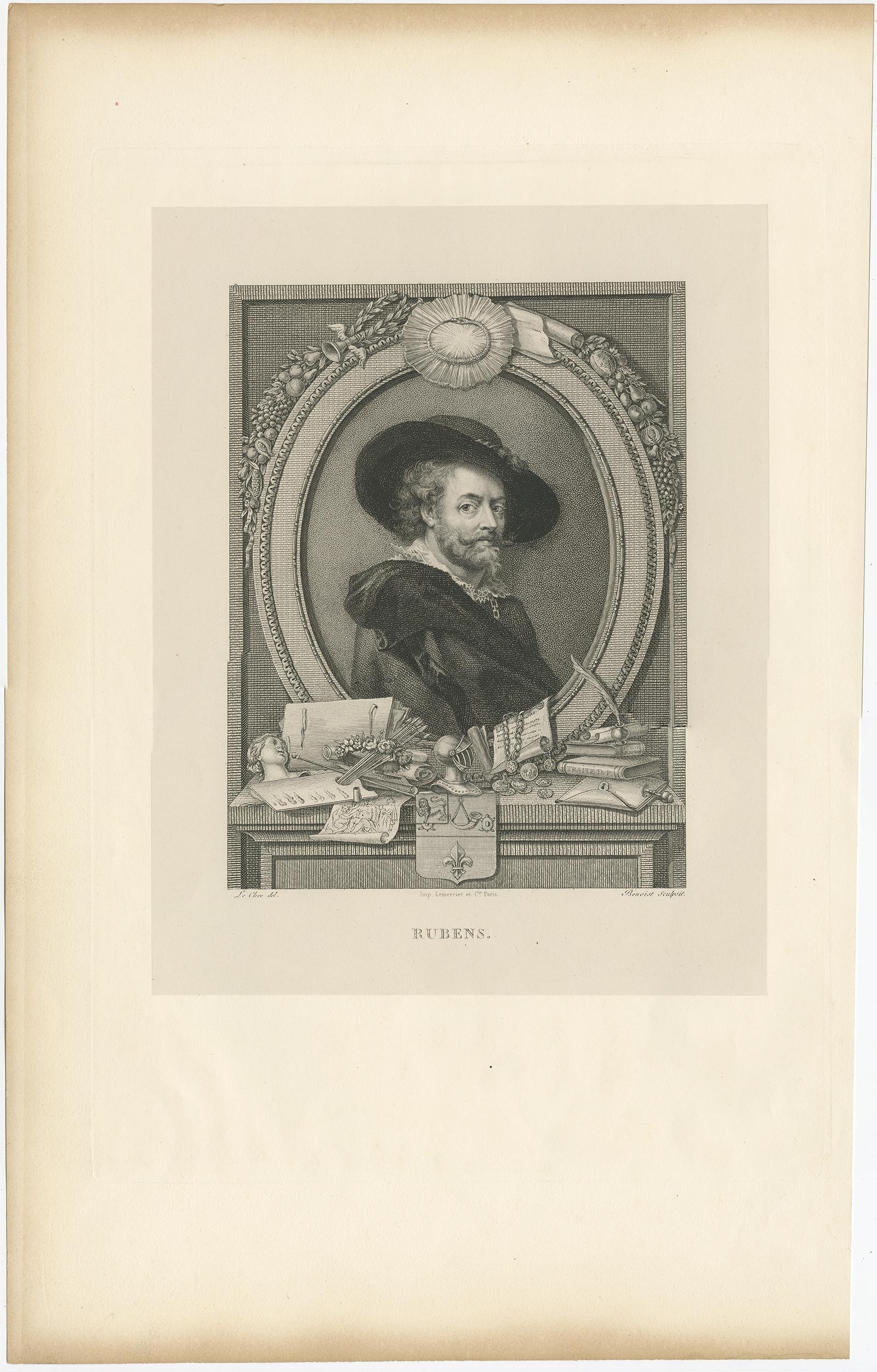 Antique portrait titled 'Rubens'. 

Portrait of the Baroque painter Peter Paul Rubens. Source unknown, to be determined.

Artists and Engravers: Made by Benoist after Le Clere.

Condition:
Very good, general age-related toning. Please study