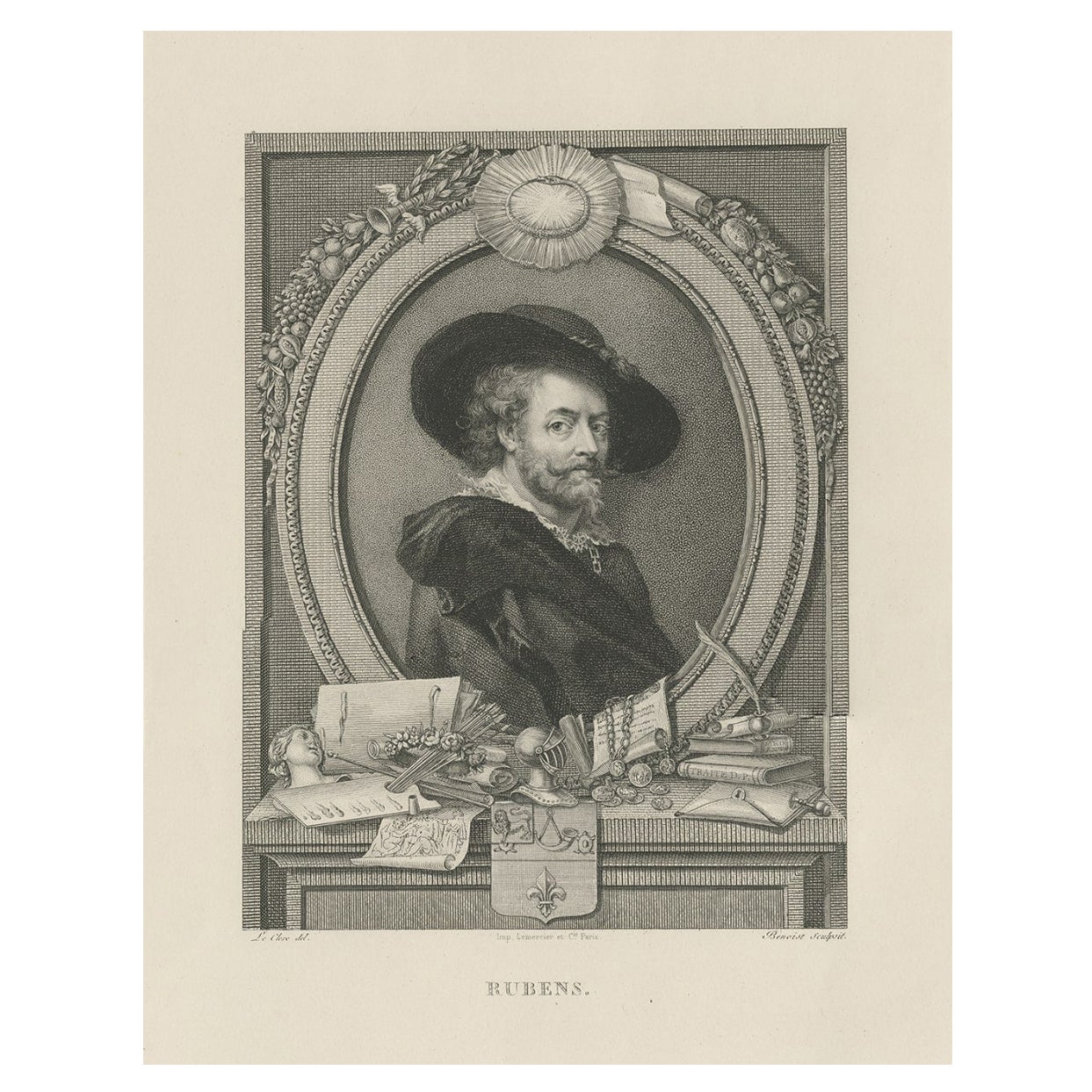 Antiker Druck mit der Darstellung eines Porträts des Barockmalers Peter Paul Rubens, um 1830