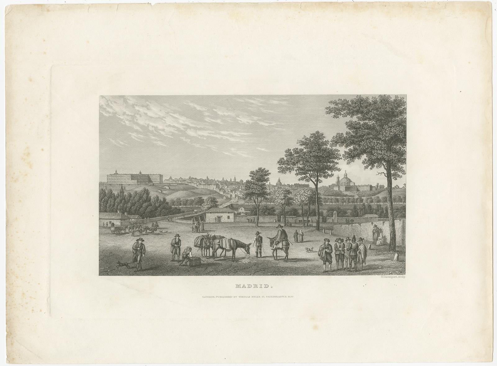 Description: Antique print titled 'Madrid'. 

View of the city of Madrid, Spain. Source unknown, to be determined.

Artists and Engravers: Engraved by S. Davenport. Published by T. Kelly.

Condition: Good, general age-related toning. Minor