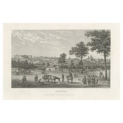Antiker antiker Druck mit einer Ansicht der Stadt Madrid, Hauptstadt Spaniens, ca. 1840