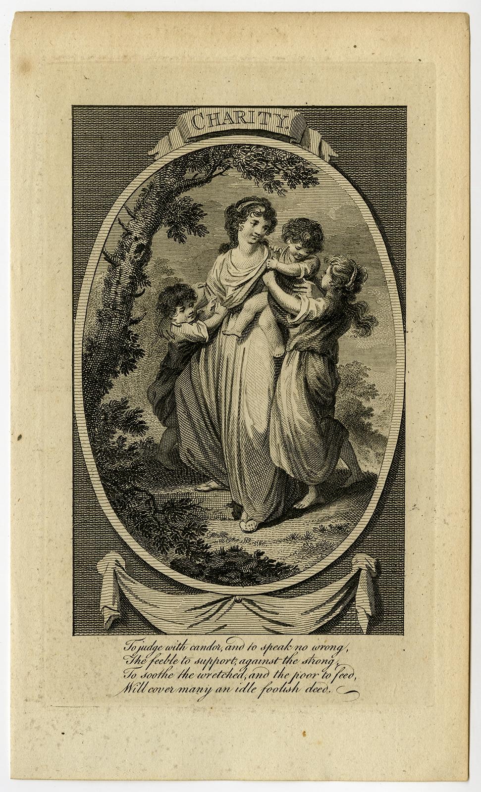 Description: Antique print, titled: 'Charity.' 

Personification of Charity as a woman with three children. From 'The Universal Magazine of Knowledge and Pleasure'. This periodical was published between 1747 and 1814, edited by John Hinton and W.
