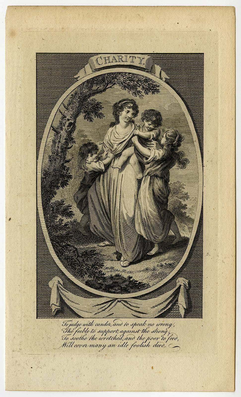 Antique Print Depicting the Personification of Charity with English Poem, C.1780