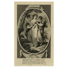 Antiker antiker Druck, der die Personifikation der Charity mit englischem Poem darstellt, um 1780