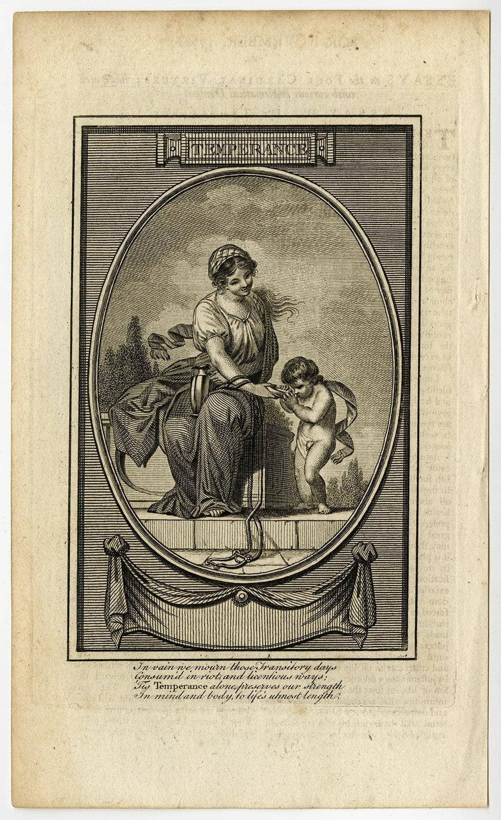 Antique Print Depicting the Personification of Hope, with English 4-Liner, c1780