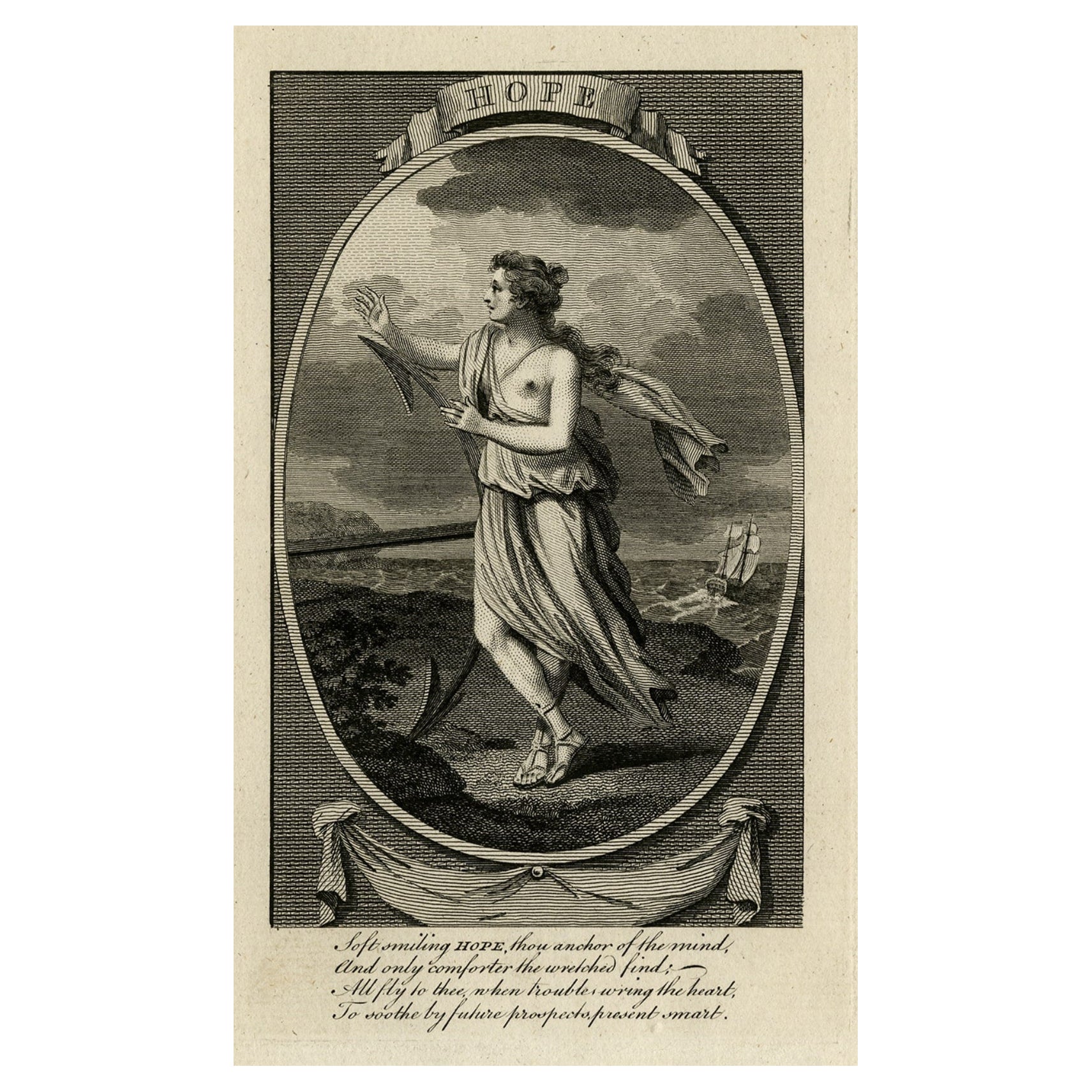 Antiker antiker Druck, der die Erfindung der Hoffnung darstellt, mit englischem 4-Linien-Griff, um 1780 im Angebot