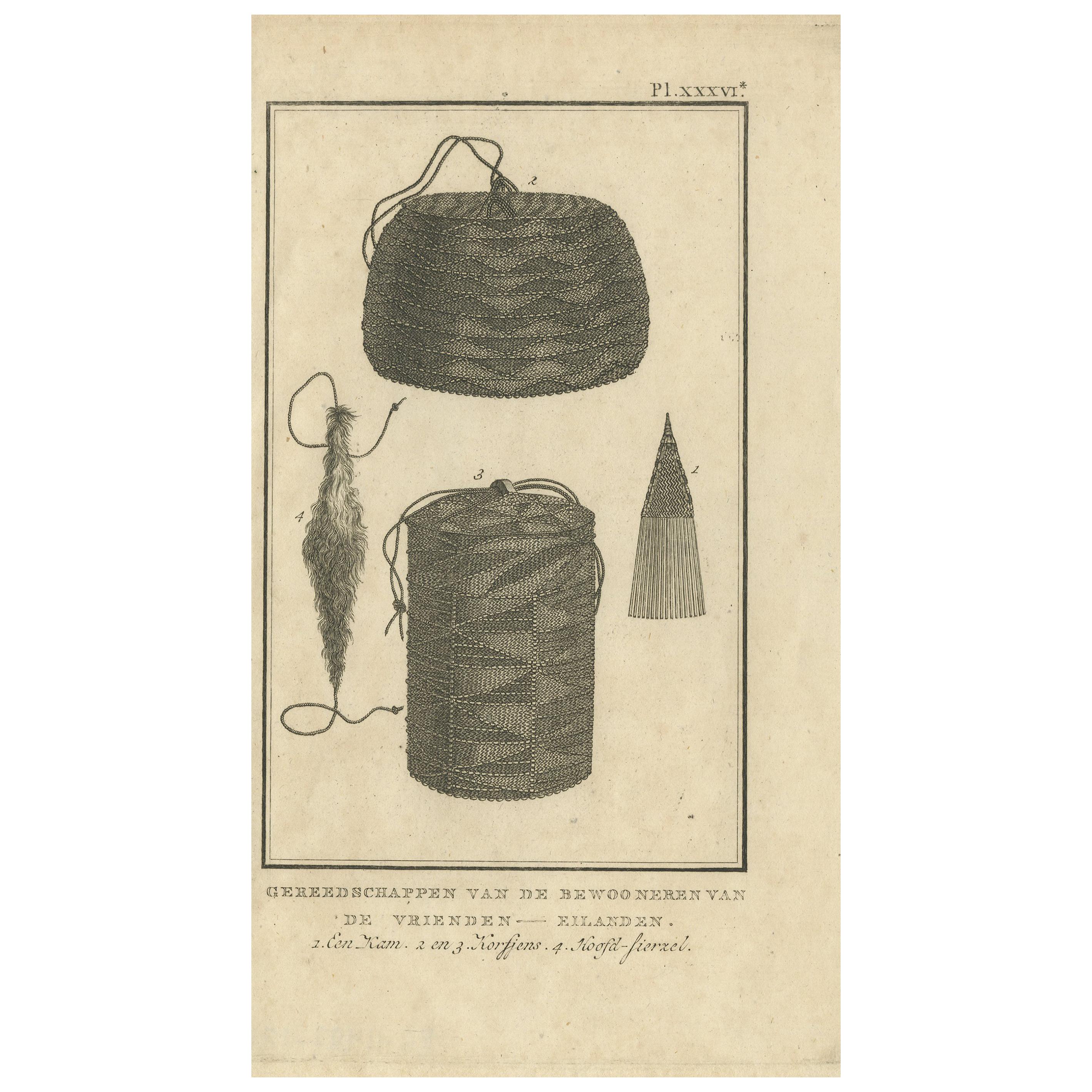 Antiker Druck mit Darstellung der Werkzeuge der freundlichen Inseln von Cook, 1803