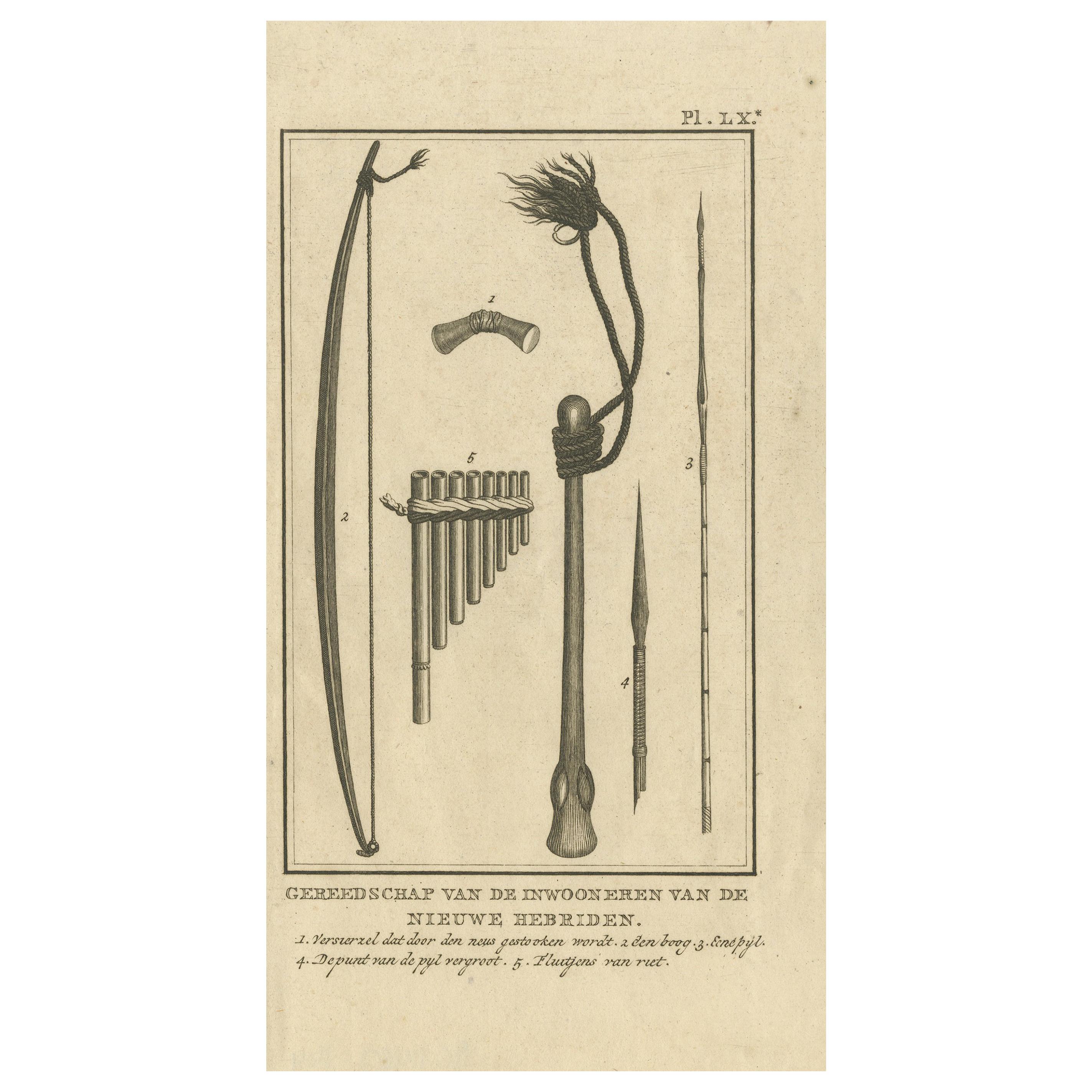Impression ancienne représentant des outils des Nouvelles Hebrides par Cook, 1803