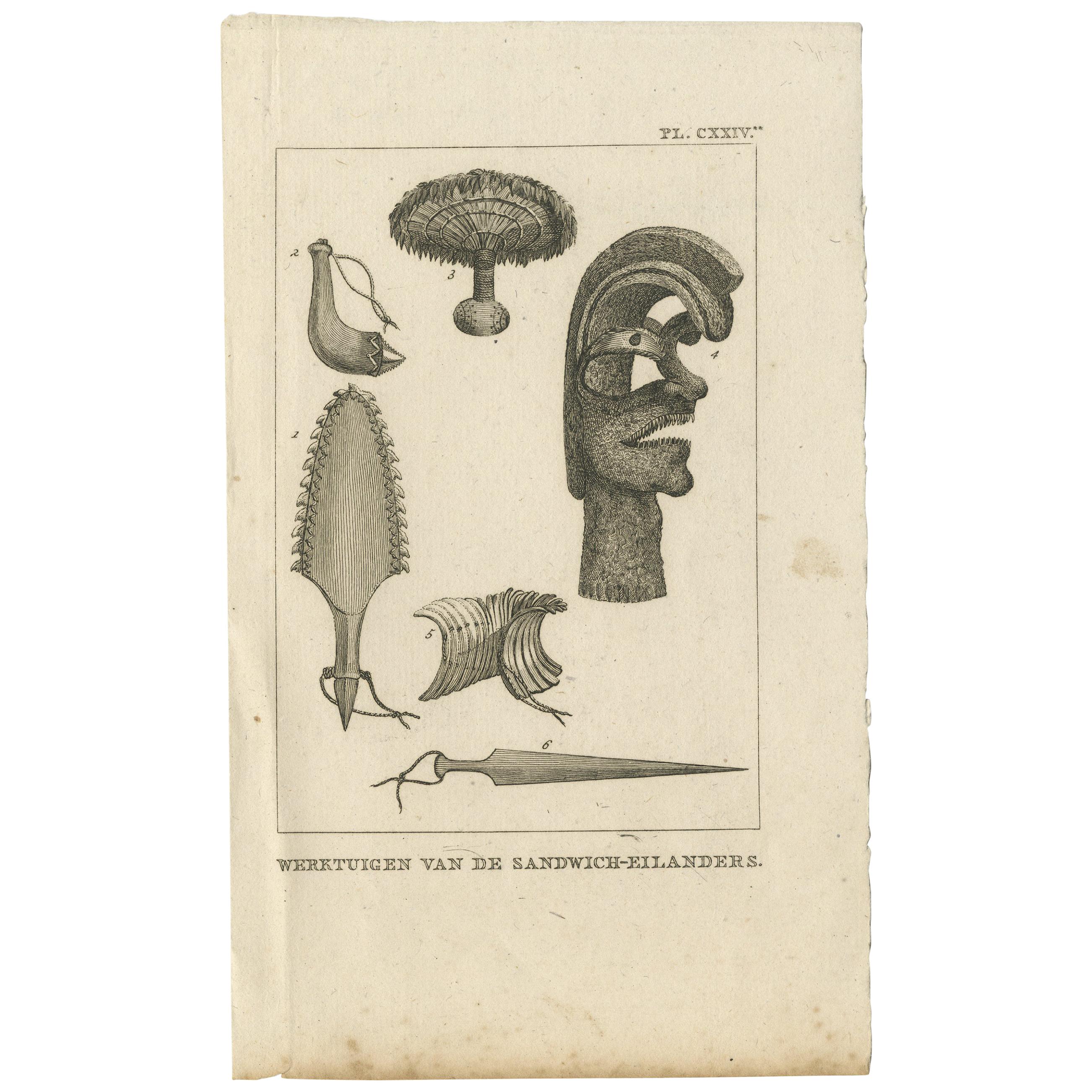 Antiker Druck mit Werkzeugen aus den Sandwichinseln von Cook '1803'