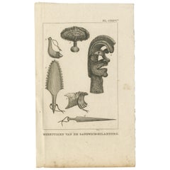 Antique Print depicting Tools of the Sandwich Islands by Cook '1803'