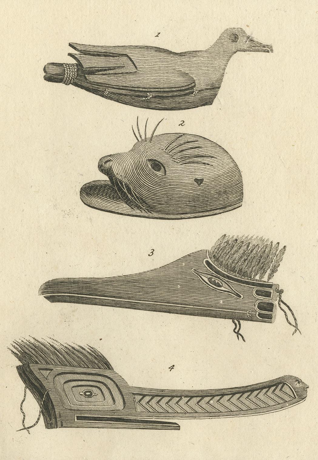 Gravé Impression ancienne représentant divers articles produits par des autochtones par Cook, 1803 en vente