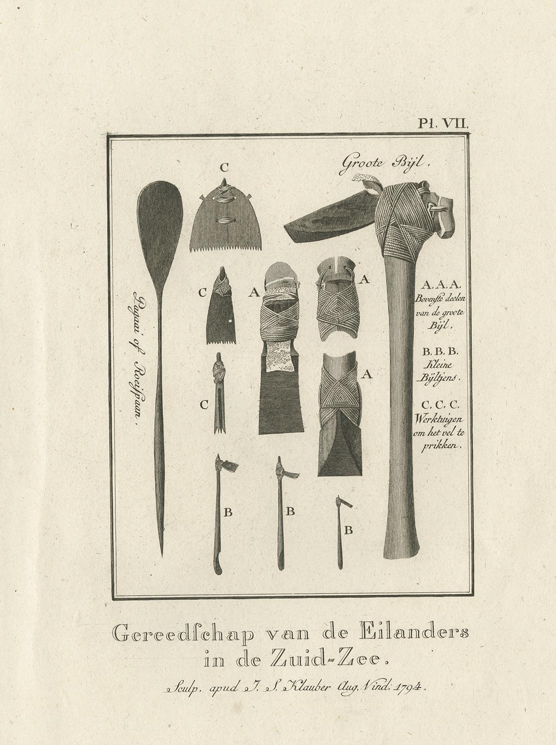 Antique print titled 'Gereedschap van de Eilanders in de Zuid-Zee'. This print depicts various tools and utensils like an oar and various axes. Originates from 'Reizen Rondom de Waereld door James Cook (..)'. Translated by J.D. Pasteur. Published by